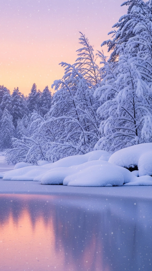 Ośnieżone drzewa nad zamarzniętą rzeką