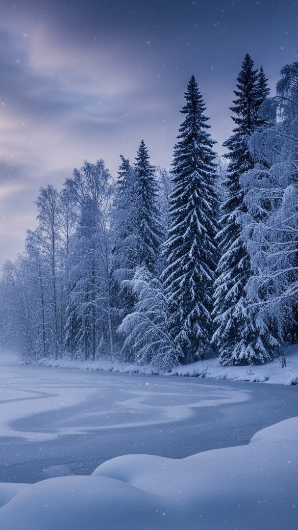 Ośnieżone drzewa nad zamarzniętym jeziorem zimową porą