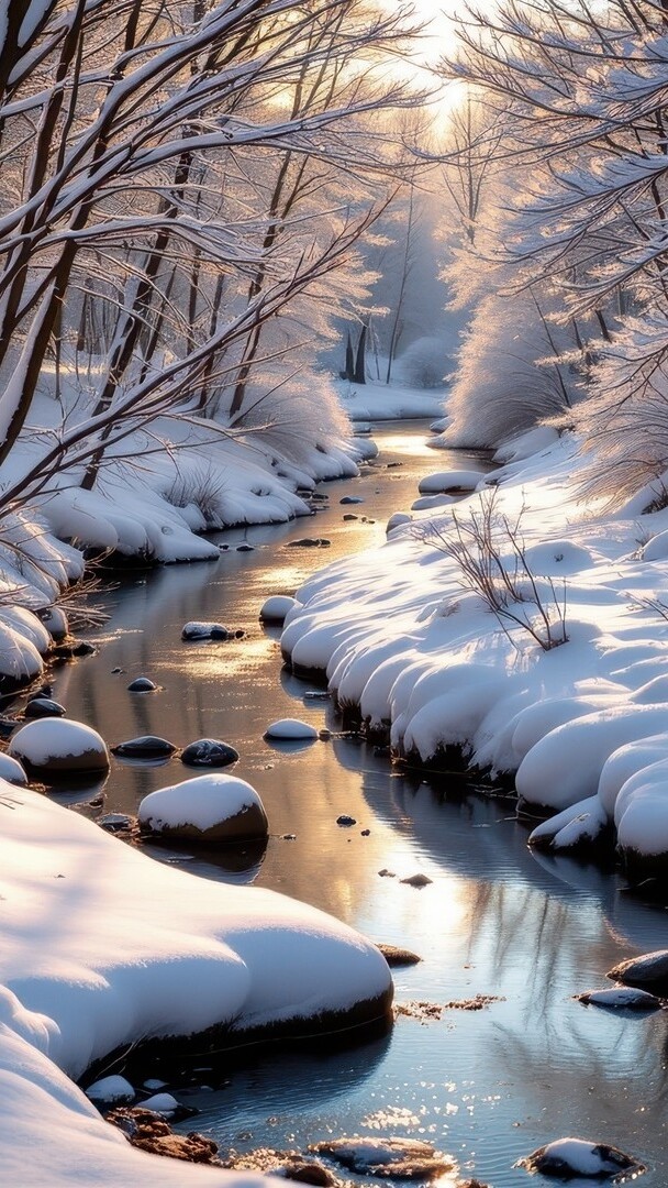 Ośnieżone drzewa po obu stronach rzeki w zimowym lesie