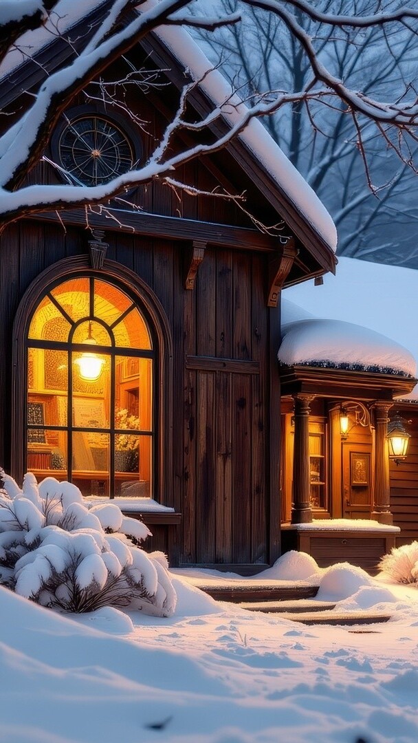 Ośnieżone drzewa przed oświetlonym domem