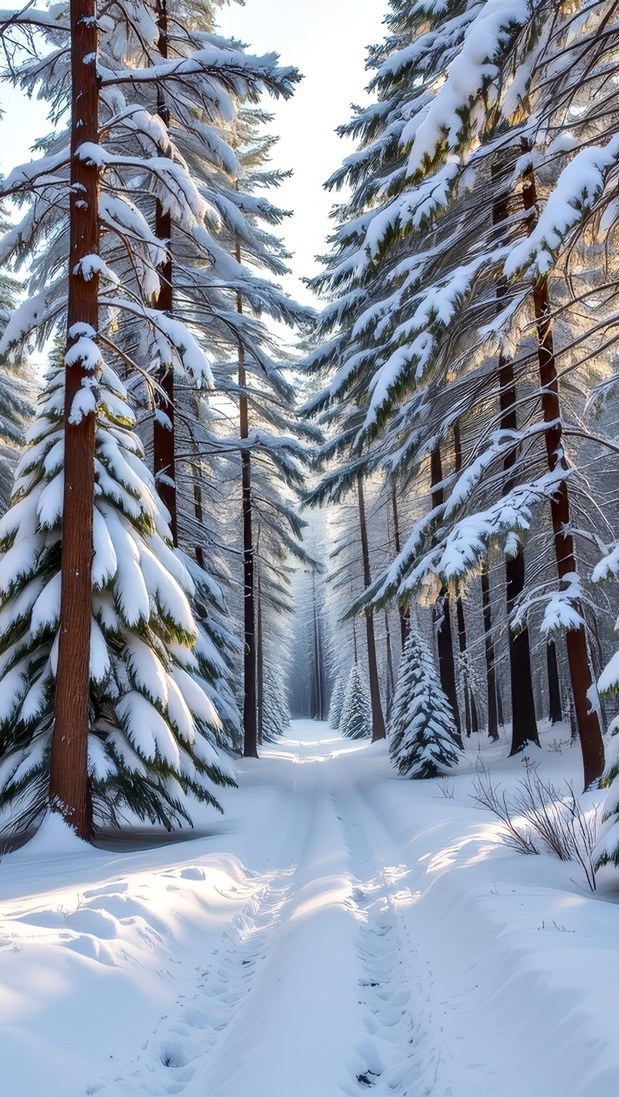 Ośnieżone drzewa przy zaśnieżonej leśnej drodze
