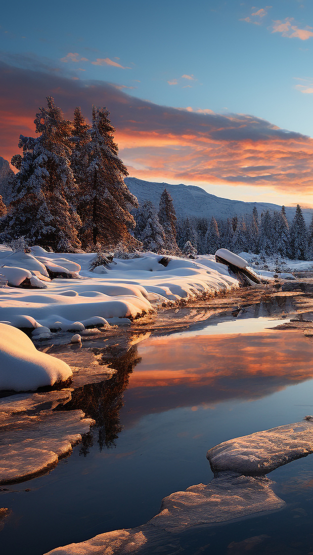 Ośnieżone drzewa w śniegu na brzegu rzeki o zachodzie słońca