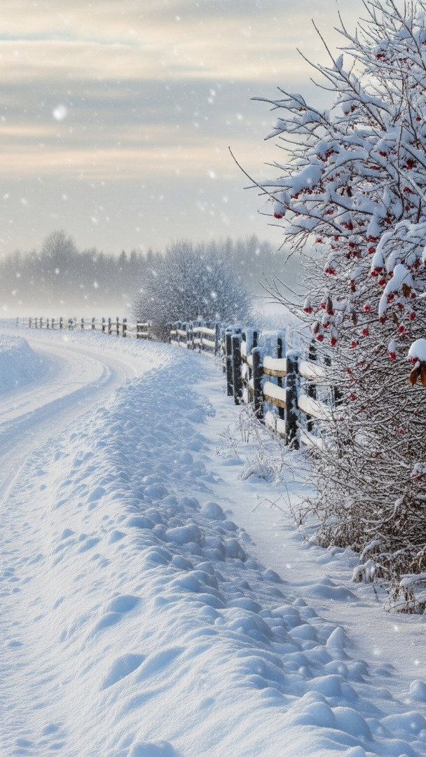 Ośnieżone krzewy i ogrodzenie przy zaśnieżonej drodze