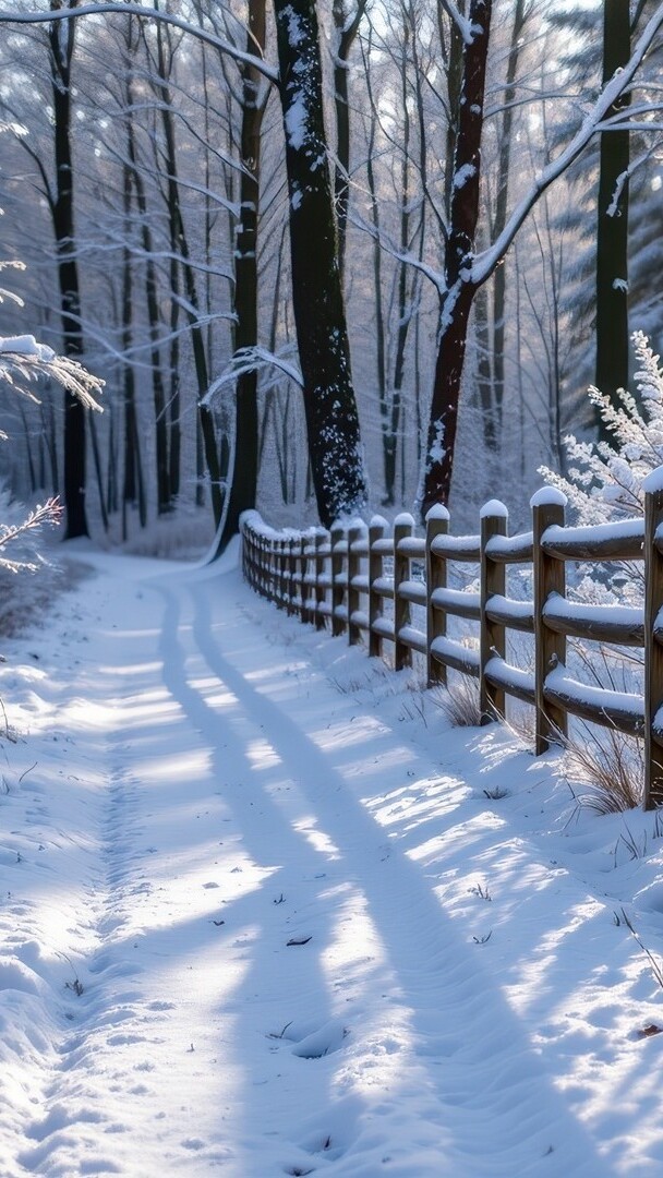 Ośnieżone ogrodzenie i drzewa przy zaśnieżonej drodze w zimowym lesie