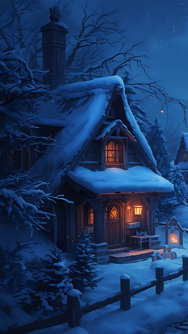 Ośnieżony i oświetlony nocą dom pod drzewami w zimowej scenerii