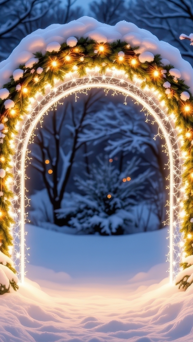 Ośnieżony i oświetlony światełkami łuk w zimowej scenerii