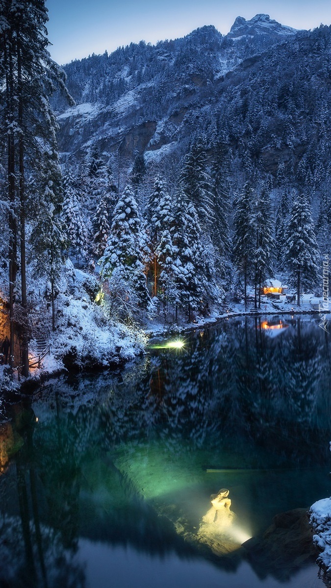 Ośnieżony las i góry nad jeziorem Blausee