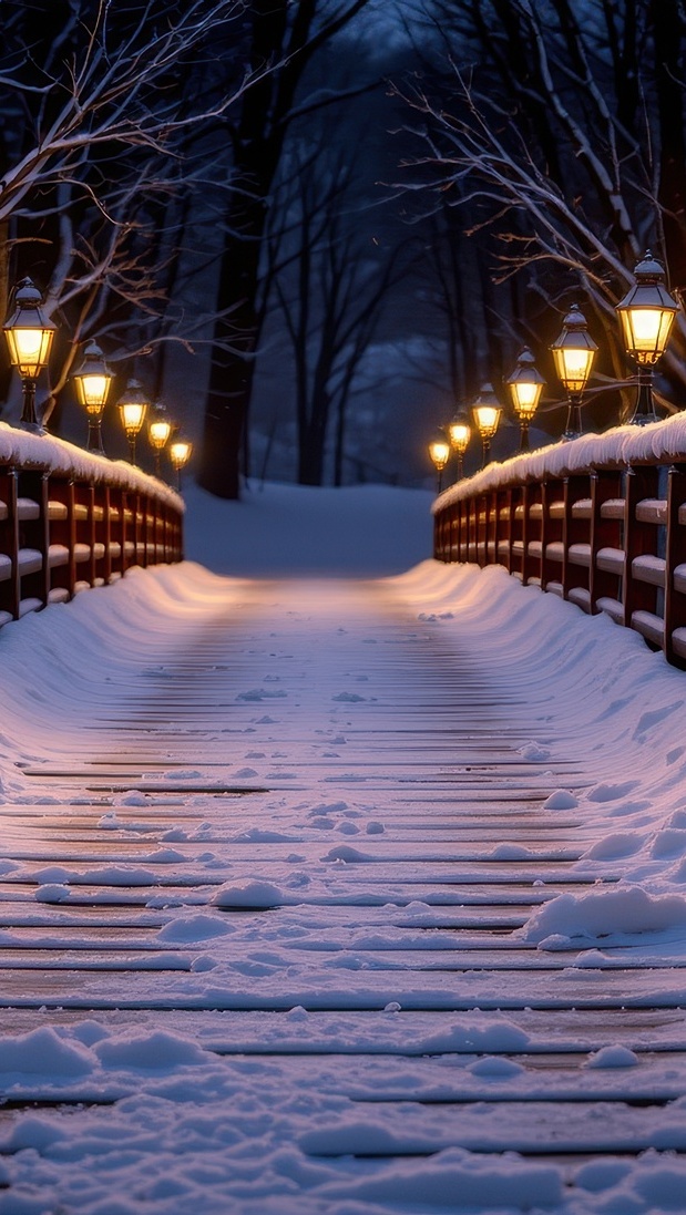 Ośnieżony most oświetlony latarniami