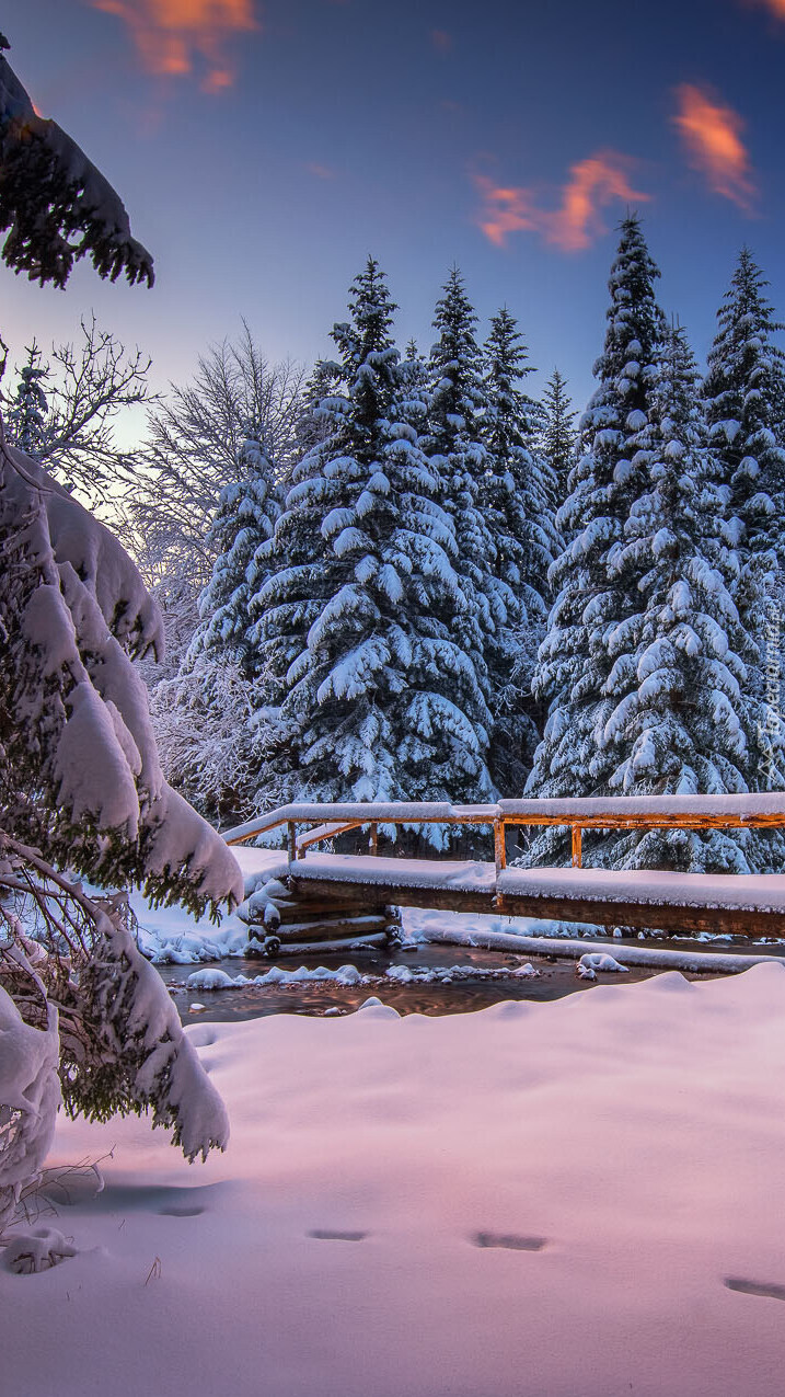 Ośnieżony mostek nad rzeką