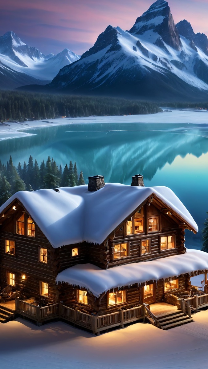 Ośnieżony oświetlony dom nad górskim jeziorem