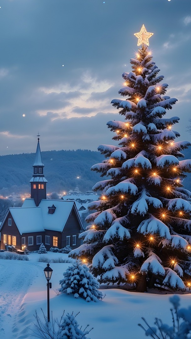 Oświetlona choinka i kościół w zimowej scenerii