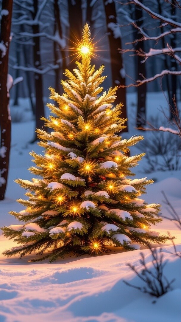 Oświetlona choinka w zimowym lesie w grafice