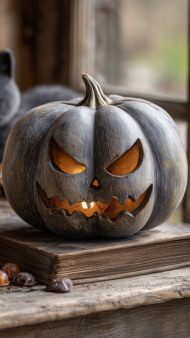 Oświetlona dynia na książce