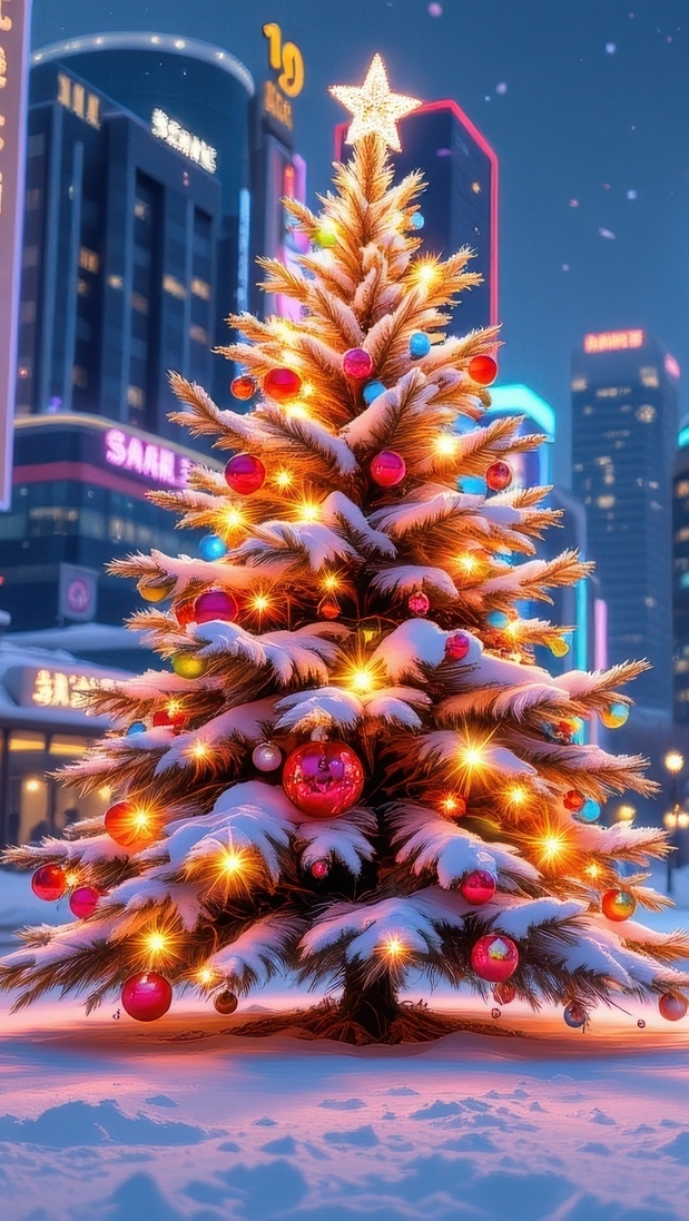 Oświetlona i ośnieżona choinka na ulicy miasta