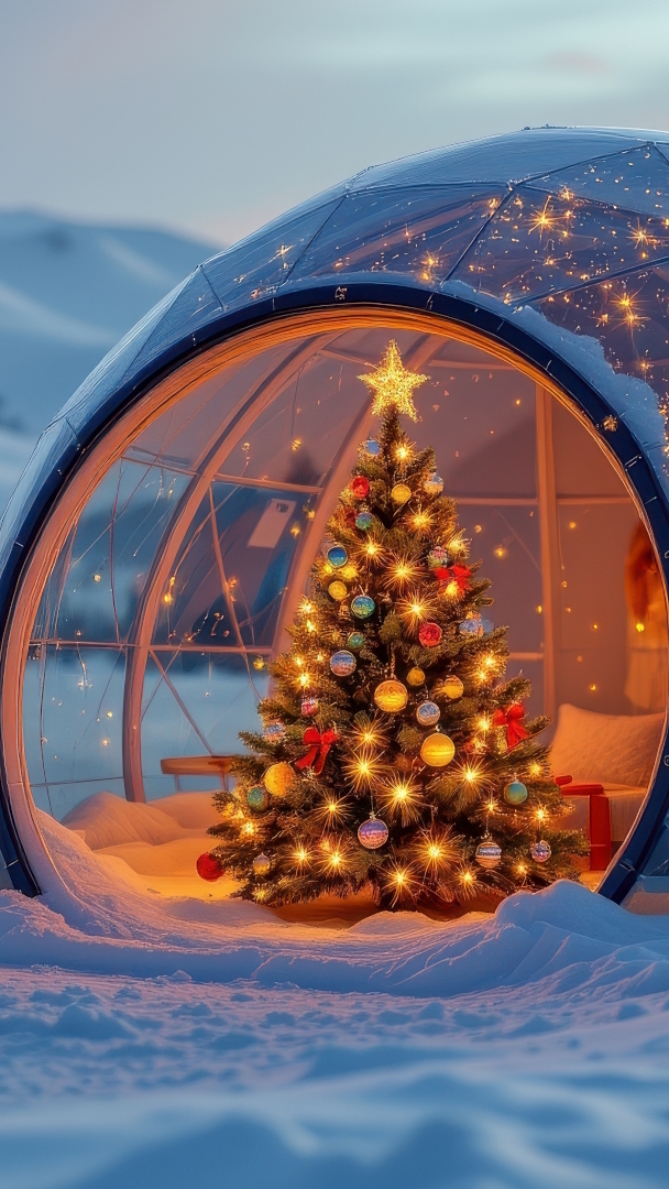 Oświetlona i udekorowana choinka w igloo