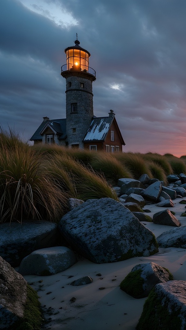 Oświetlona latarnia morska pod chmurami