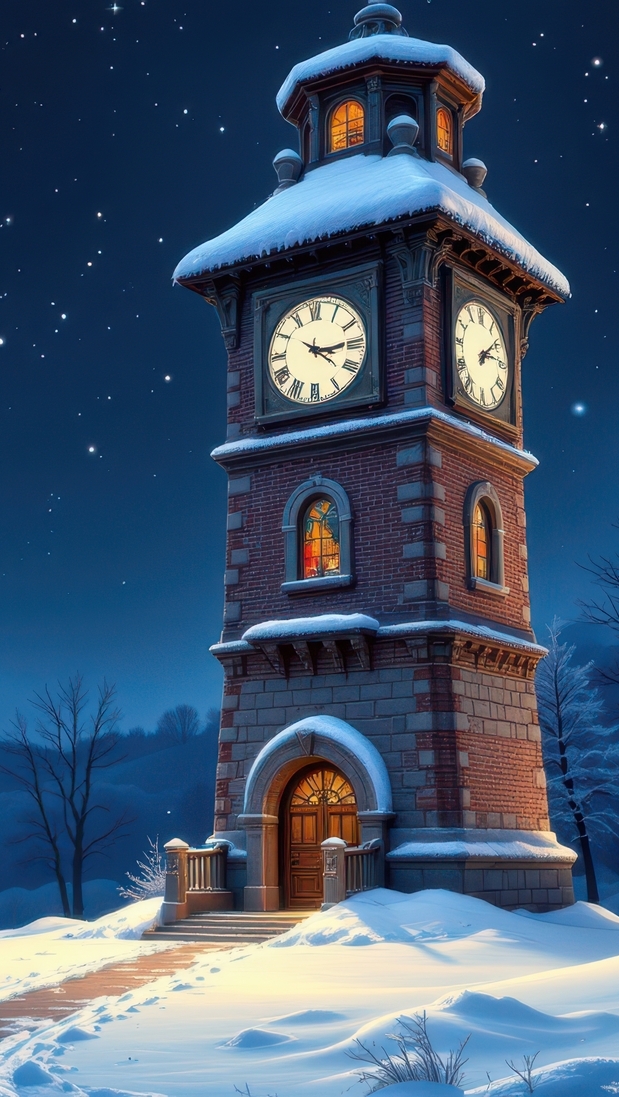 Oświetlona nocą wieża z zegarem w zimowej scenerii