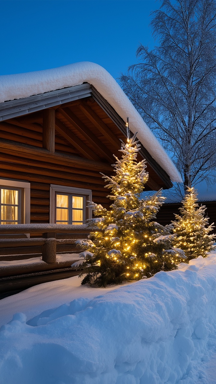 Oświetlone choinki obok domu z tarasem w zimowej scenerii