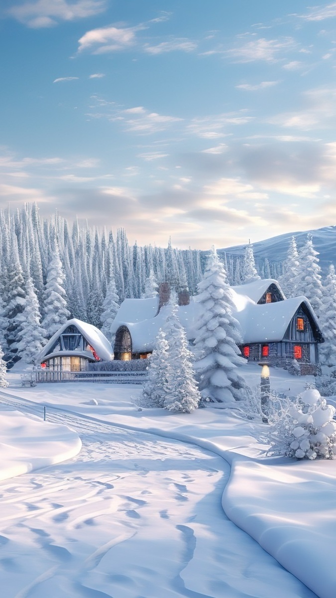 Oświetlone domki w zimowym lesie