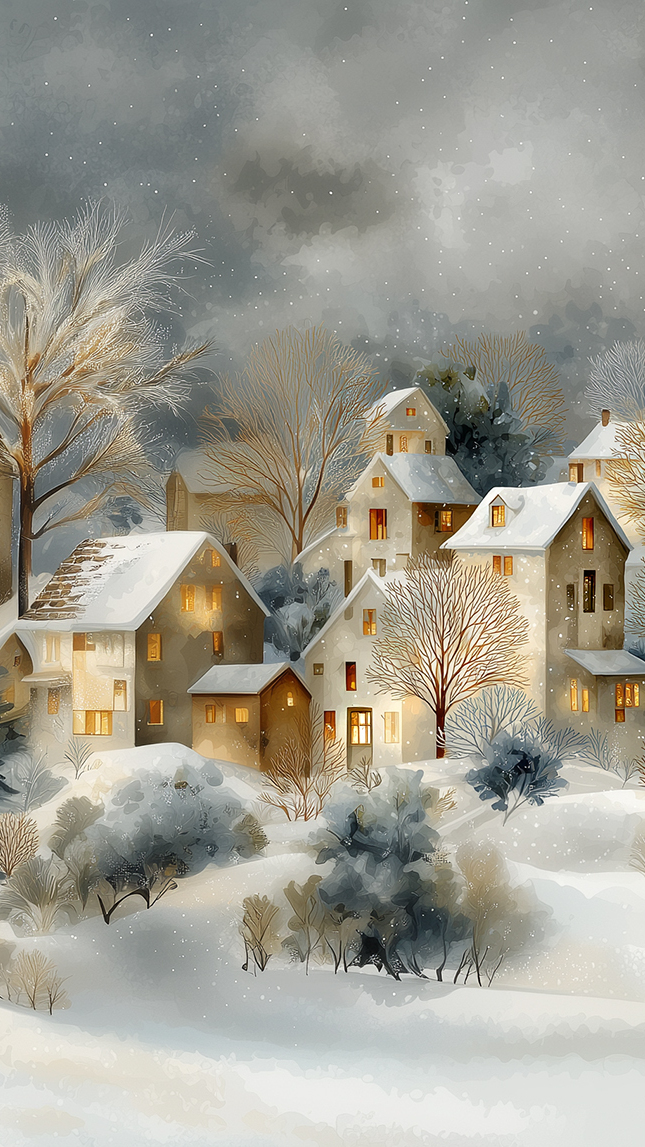 Oświetlone domy i drzewa w zimowej scenerii