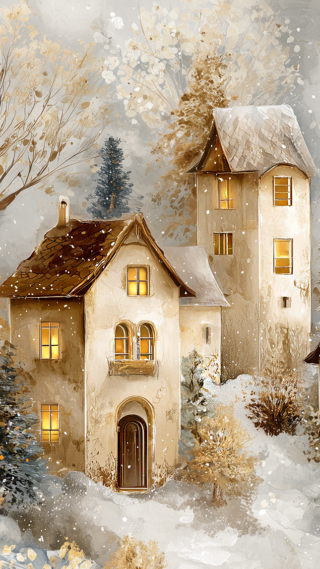 Oświetlone domy i drzewa zimową porą