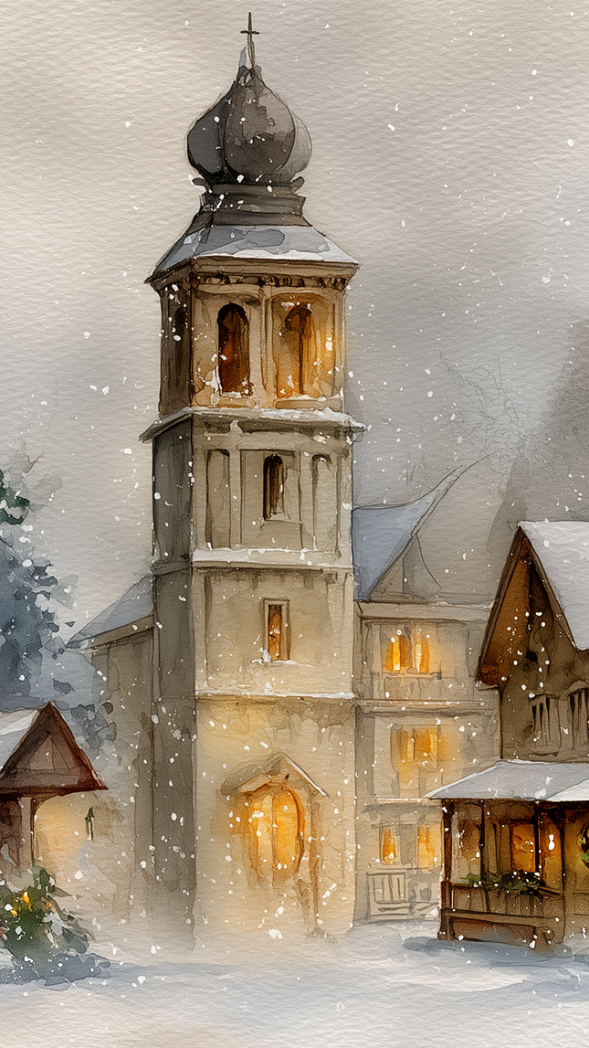 Oświetlone domy i kościół w zimowej scenerii