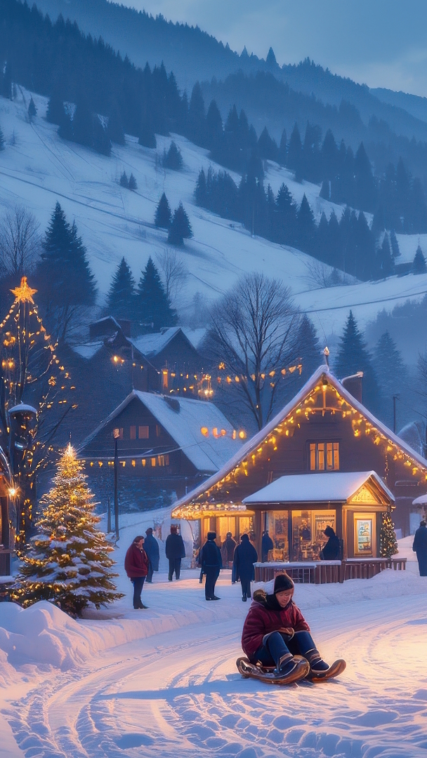 Oświetlone domy i ludzie w górskiej dolinie zimową porą