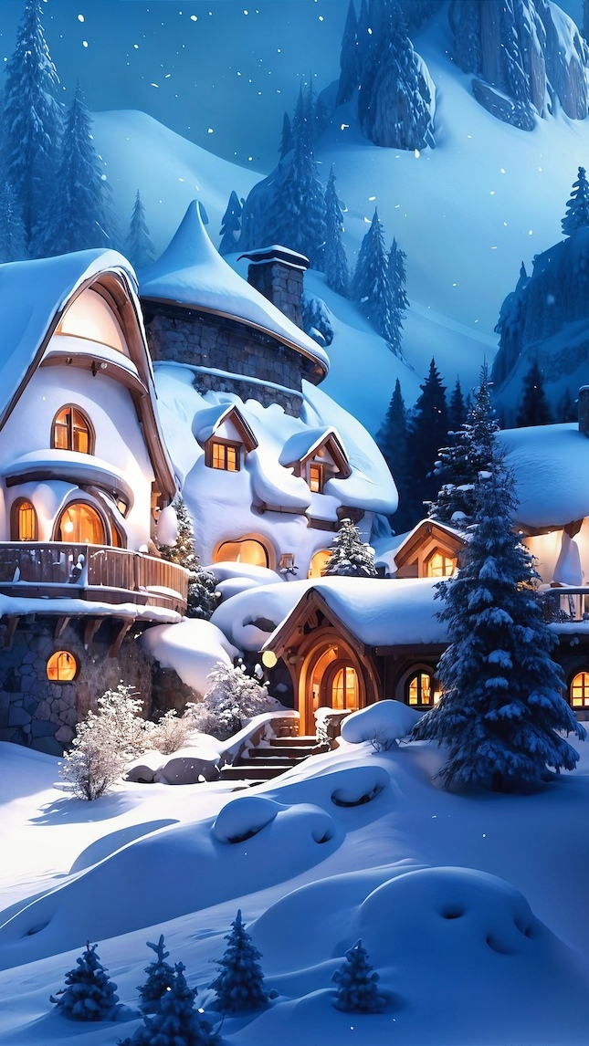 Oświetlone domy w górach zimową porą