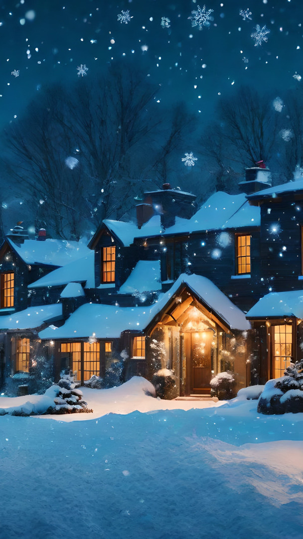 Oświetlone domy w padającym śniegu
