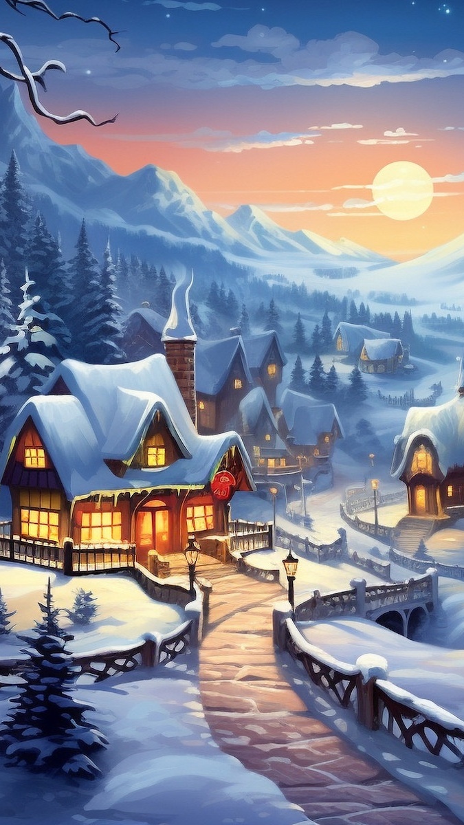 Oświetlone domy w zimowej górskiej dolinie