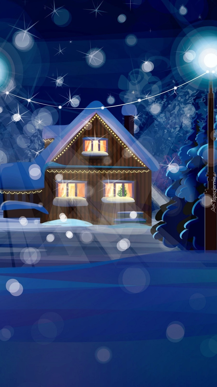 Oświetlone kolorowe domy zimą na znak świąt