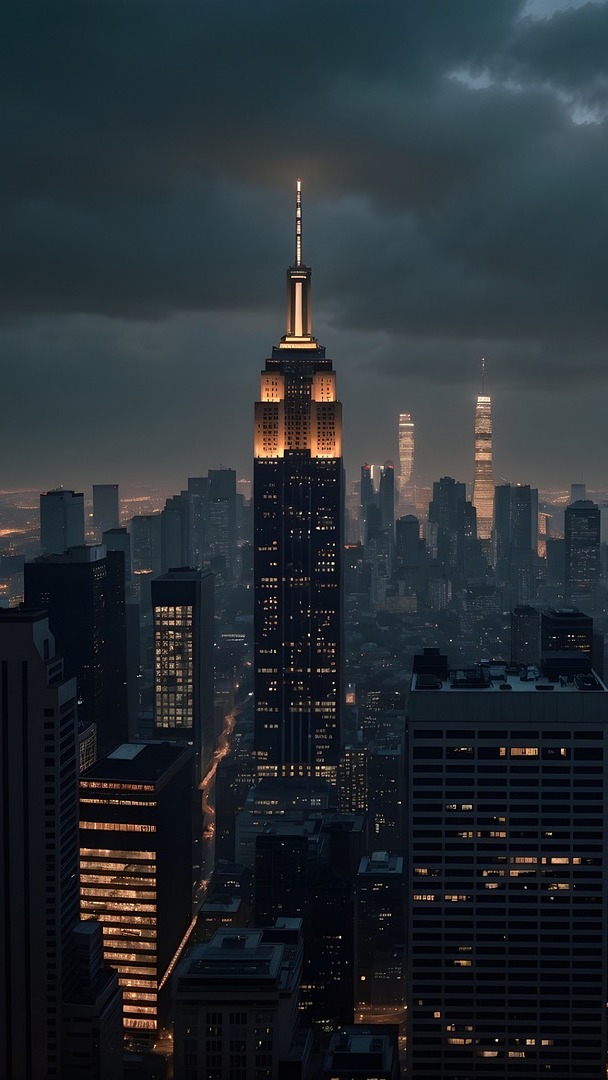 Oświetlone nocą domy na Manhattanie