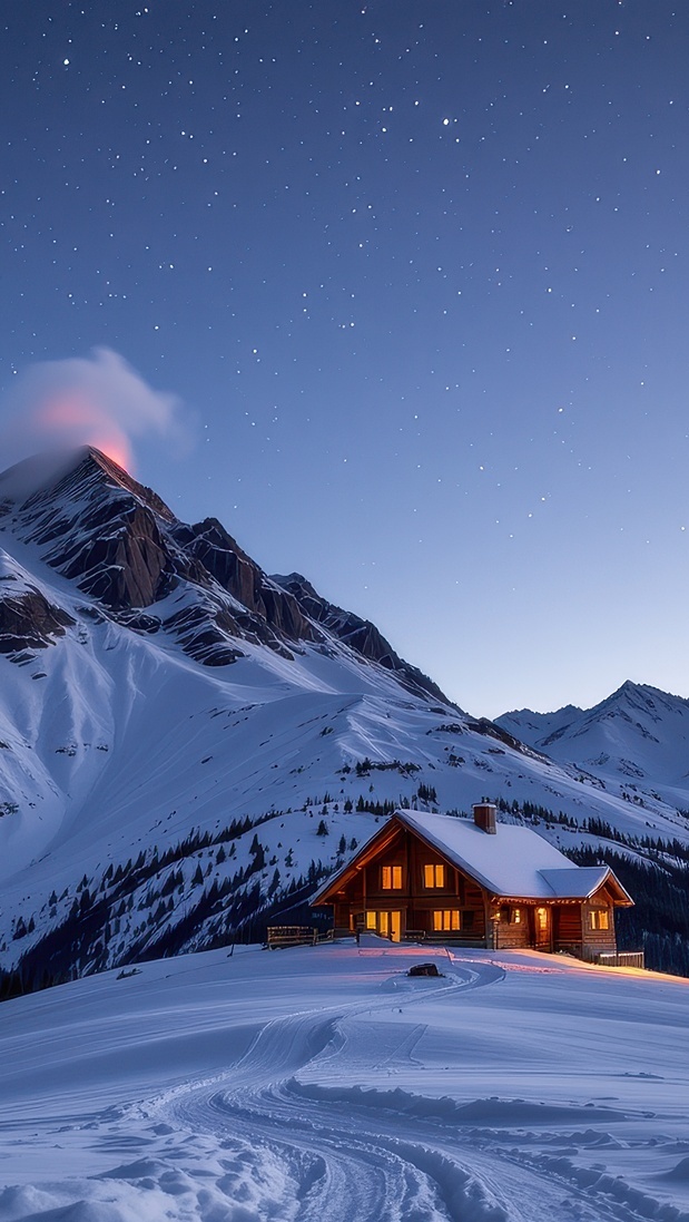 Oświetlone schronisko na tle ośnieżonych gór