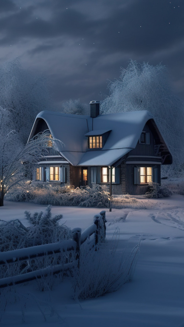 Oświetlony dom i ośnieżone drzewa w śniegu