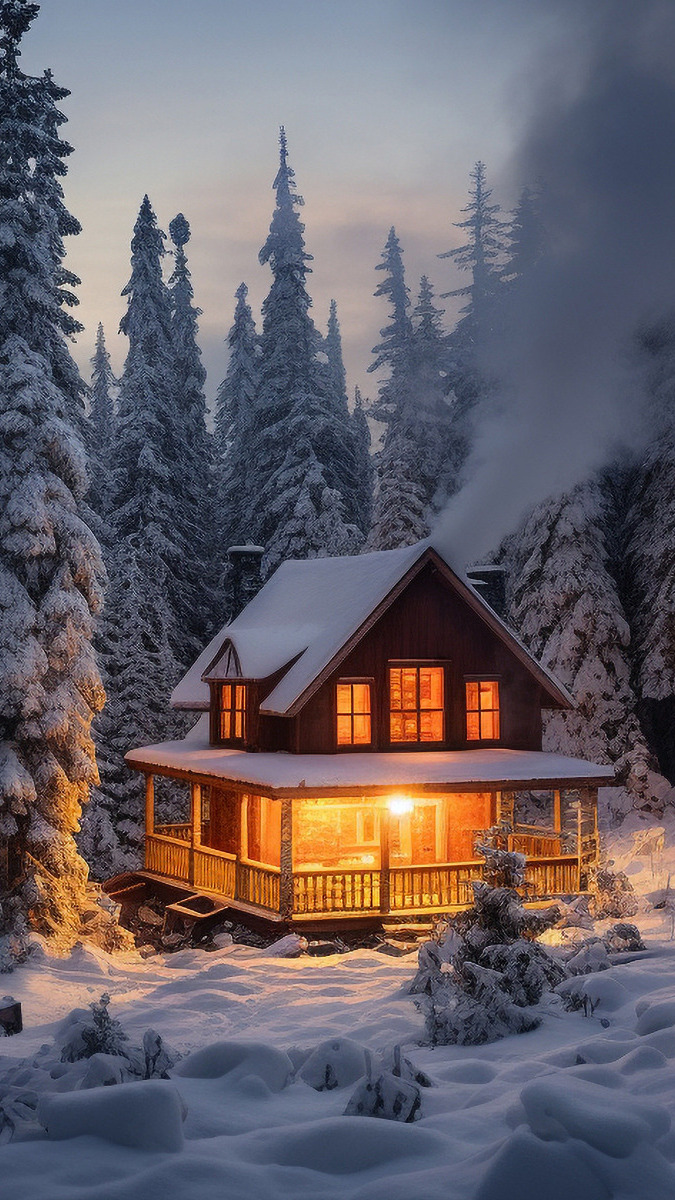Oświetlony dom w zimowym lesie