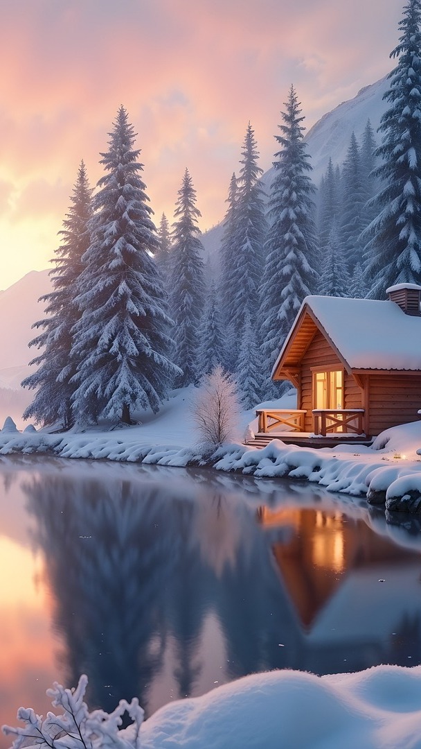 Oświetlony drewniany dom i ośnieżone drzewa iglaste nad jeziorem