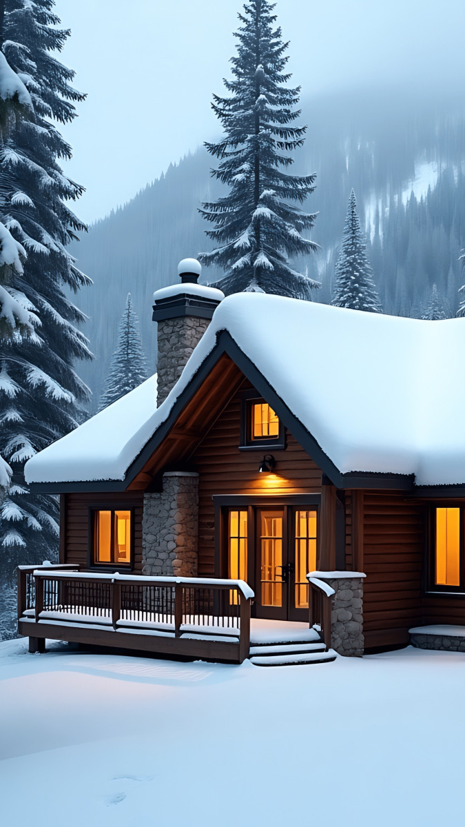 Oświetlony i ośnieżony dom obok świerków zimową porą