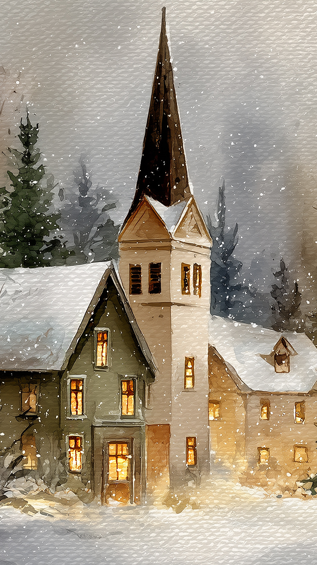 Oświetlony kościół i domy w zimowej scenerii