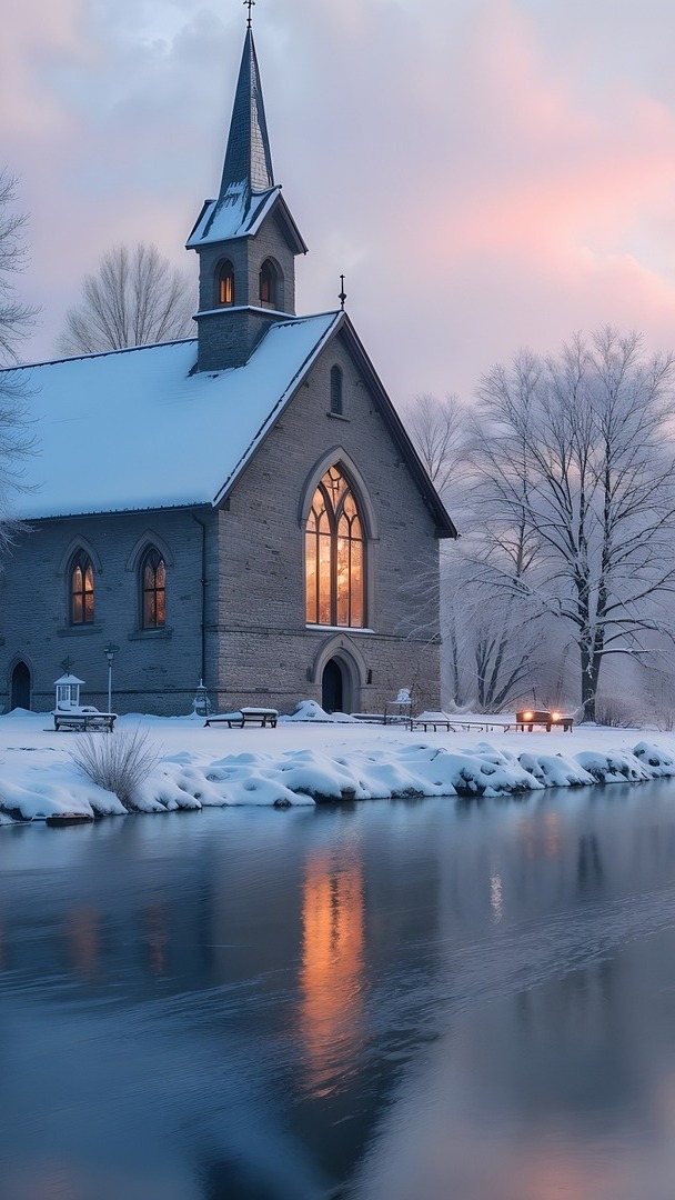 Oświetlony kościół nad rzeką w zimowej scenerii
