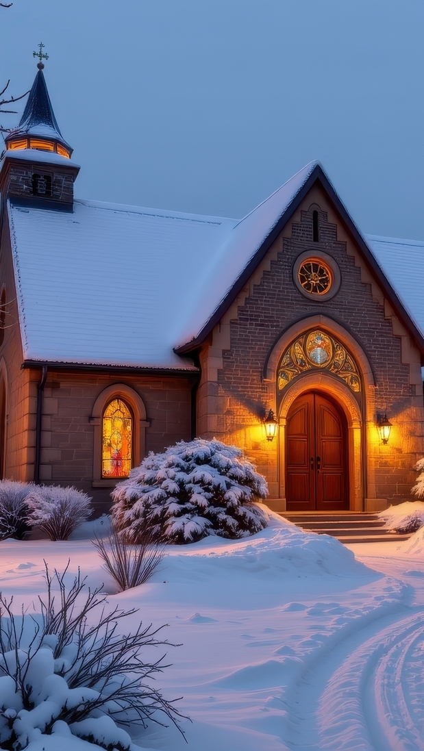 Oświetlony kościół w zimowej scenerii