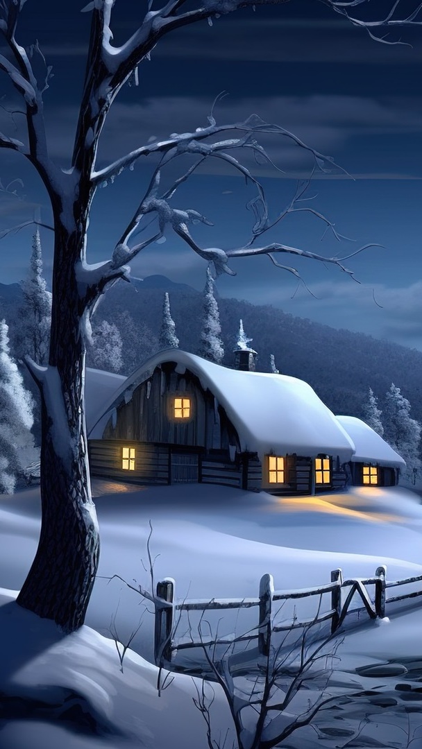 Oświetlony nocą dom w śniegu