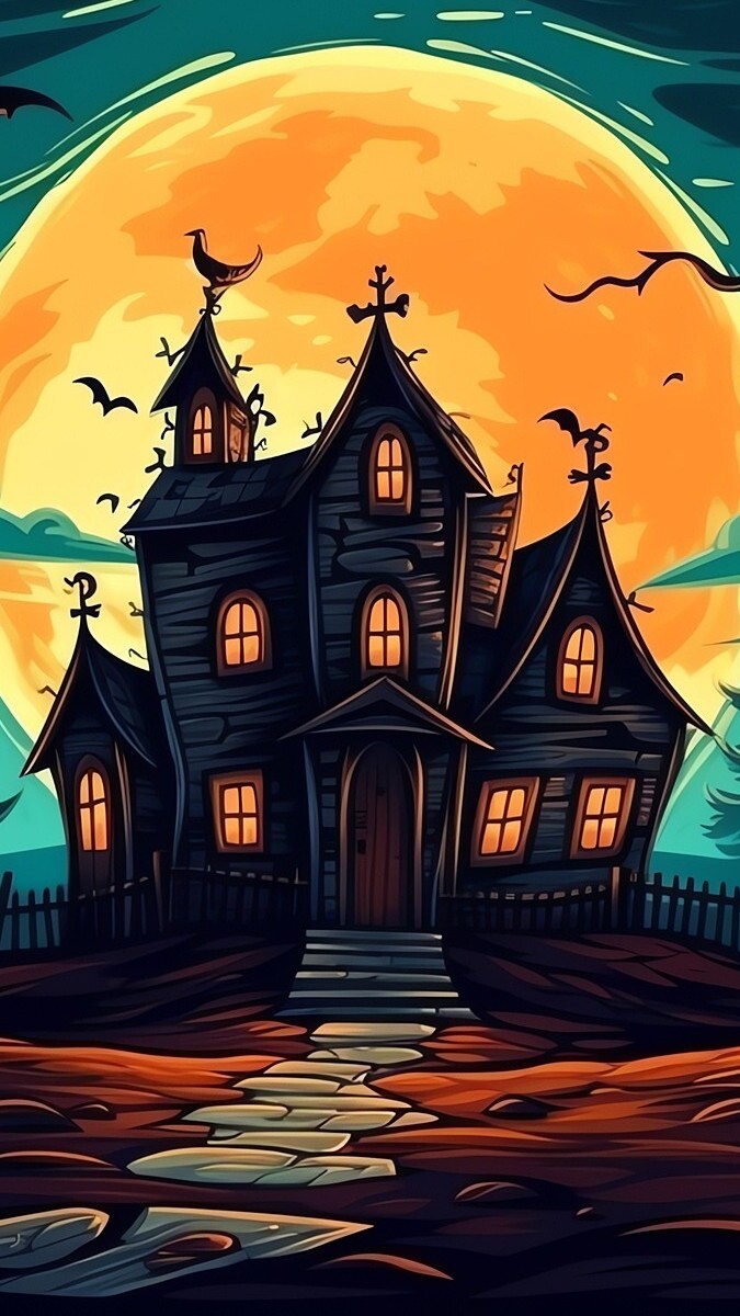 Oświetlony stary dom na tle księżyca w halloweenowej grafice