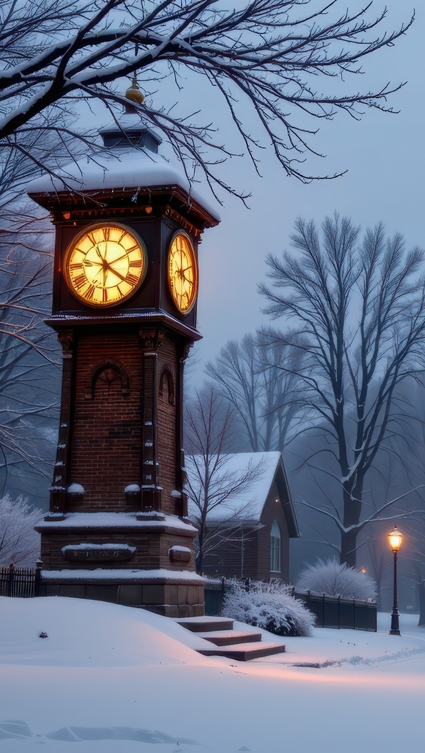 Oświetlony zegar na wieży w zimowym parku