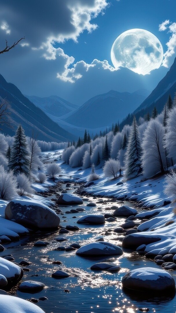 Oszronione drzewa nad kamienistą górską rzeką w blasku księżyca
