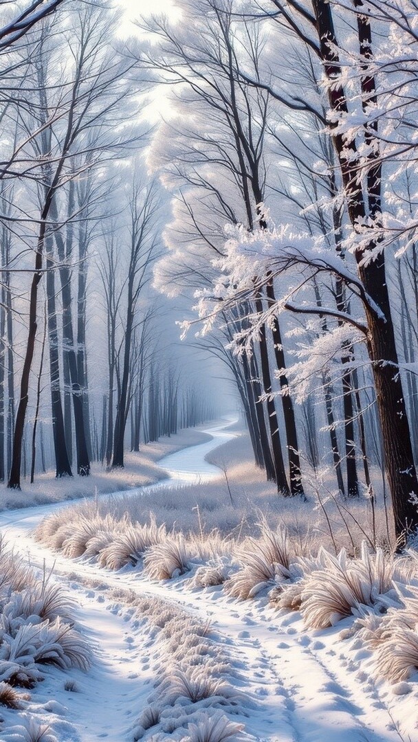 Oszronione drzewa po obu stronach leśnej drogi zimową porą