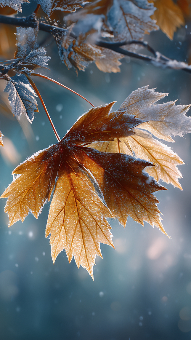 Oszronione jesienne liście na gałązce