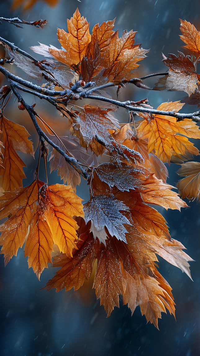 Oszronione jesienne liście na gałązkach w zbliżeniu