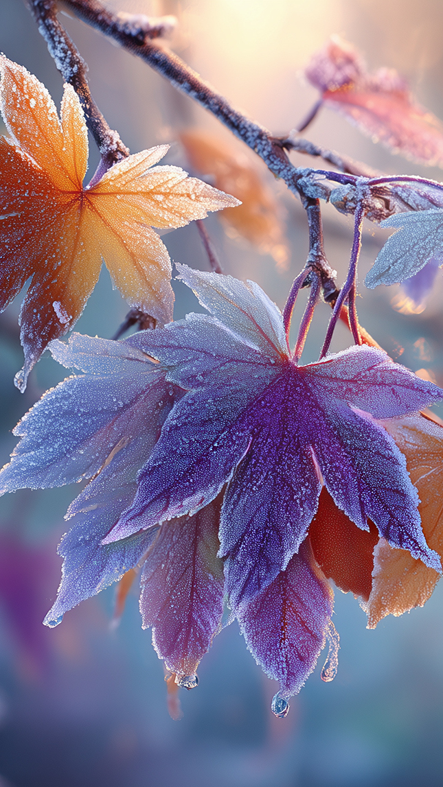 Oszronione kolorowe liście klonu