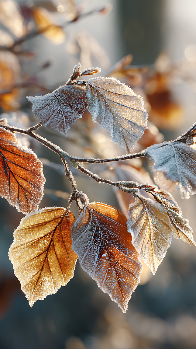 Oszronione liście buku na gałązce