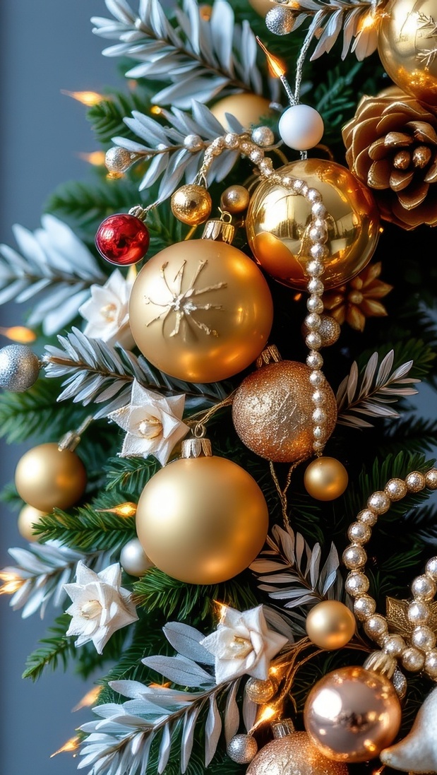Ozdoby i złote bombki na świątecznym wieńcu